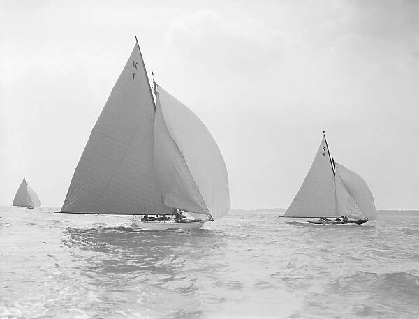 The 7 Metre Marsinah (K1) and Anitra (k4) racing downwind, 1912. Creator