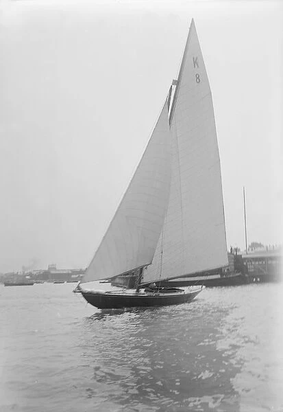 The 7 Metre sailing yacht Pinaster (K8), 1913. Creator: Kirk & Sons of Cowes