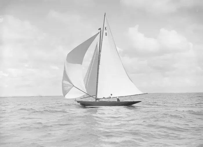 Framed Print : The 7 Metre yacht Pinaster (K8) sailing with spinnaker, 1912. Creator: Kirk & Sons of Cowes Framed Print : The 7 Metre yacht Pinaster (K8) sailing with spinnaker, 1912. Creator: Kirk & Sons of Cowes