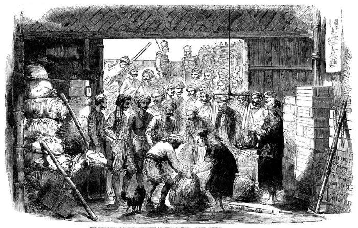 Framed Print : The 70th Bengal Native Infantry drawing rations at the Commissariat Stores, Canton, 1858. Creator: Unknown Framed Print : The 70th Bengal Native Infantry drawing rations at the Commissariat Stores, Canton, 1858. Creator: Unknown