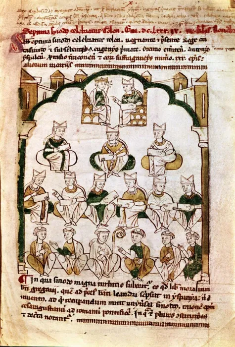 Framed Print : 7th century, 7th Council of Toledo, summoned by King Chindasvinto, miniature in Primacy Framed Print : 7th century, 7th Council of Toledo, summoned by King Chindasvinto, miniature in Primacy
