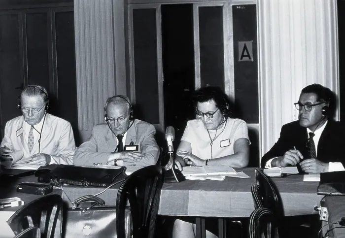 Framed Print : 7th International Congresses on Tropical Medicine and Malaria, Rio de Janeiro: four scientists, 1963 Creator: Unknown Framed Print : 7th International Congresses on Tropical Medicine and Malaria, Rio de Janeiro: four scientists, 1963 Creator: Unknown