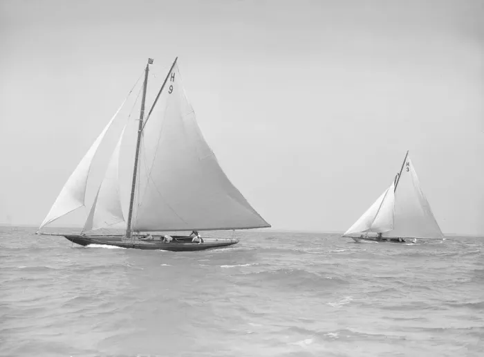 Framed Print : The 8 Metre Termagent (H9) racing Windflower (H3), 1911. Creator: Kirk & Sons of Cowes Framed Print : The 8 Metre Termagent (H9) racing Windflower (H3), 1911. Creator: Kirk & Sons of Cowes