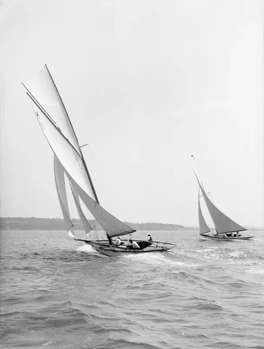 Framed Print : The 8 Metre Ventana and Garraveen race upwind, 1914. Creator: Kirk & Sons of Cowes