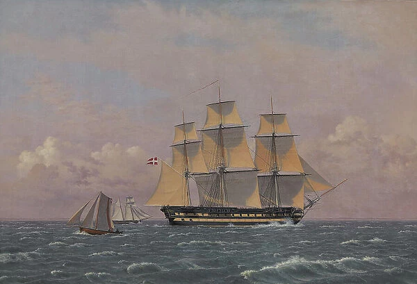 The 84-Gun Danish Warship 'Dronning Marie' in the Sound, 1834. Creator: CW Eckersberg. The 84-Gun Danish Warship 'Dronning Marie' in the Sound, 1834. Creator: CW Eckersberg