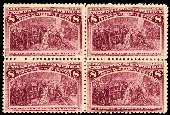Framed Print : 8c Columbus Restored to Favor block of four, 1893. Creator: Unknown Framed Print : 8c Columbus Restored to Favor block of four, 1893. Creator: Unknown