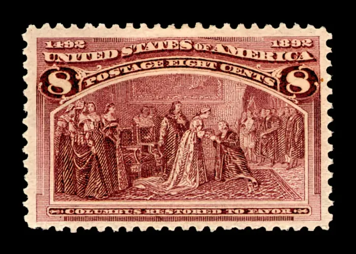 Framed Print : 8c Columbus Restored to Favor single, 1893. Creator: American Bank Note Company Framed Print : 8c Columbus Restored to Favor single, 1893. Creator: American Bank Note Company