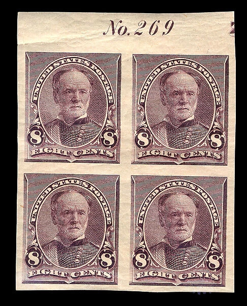 8c William T. Sherman proof plate block of four, March 21, 1893