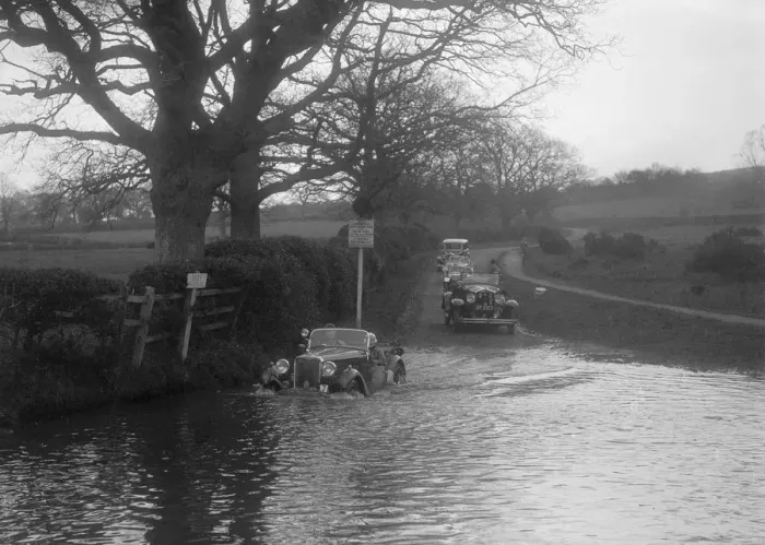 Framed Print : 972 cc Singer Le Mans driving through water during a motoring trial, 1936. Artist: Bill Brunell Framed Print : 972 cc Singer Le Mans driving through water during a motoring trial, 1936. Artist: Bill Brunell