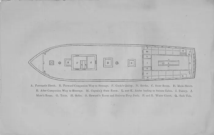 Framed Print : A. Forecastle hatch. B. Forward companion way to steerage. F. Cook's galley, 1857. Creator: Unknown Framed Print : A. Forecastle hatch. B. Forward companion way to steerage. F. Cook's galley, 1857. Creator: Unknown