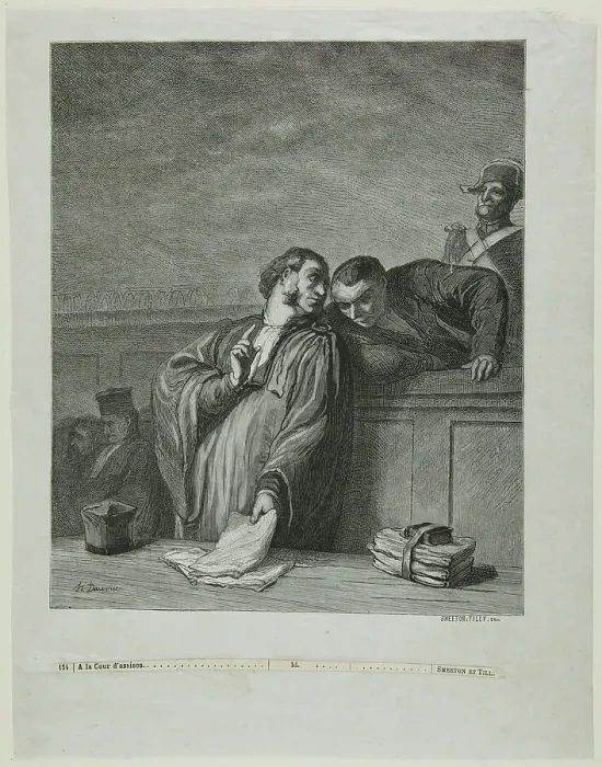 Framed Print : À la cour d'assises: L'avocat, debout, s'entretenant avec l'accusé, 1878. Creator: Burn Smeeton