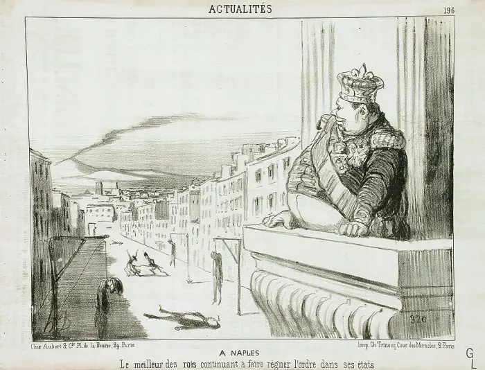 Framed Print : À Naples - Le meilleur des rois continuant à faire régner l'ordre dans ses états, 1851. Creator: Honore Daumier