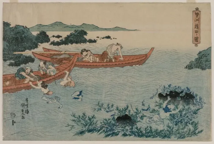 Framed Print : Abalone Divers off the Coast of Ise, from an Untitled Landscape Series, early 1830s Framed Print : Abalone Divers off the Coast of Ise, from an Untitled Landscape Series, early 1830s