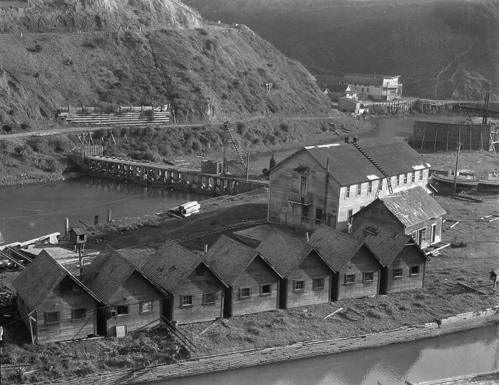 Framed Print : Abandoned lumber town showing mill and houses, Mendocino County, California, 1938. Creator: Dorothea Lange Framed Print : Abandoned lumber town showing mill and houses, Mendocino County, California, 1938. Creator: Dorothea Lange