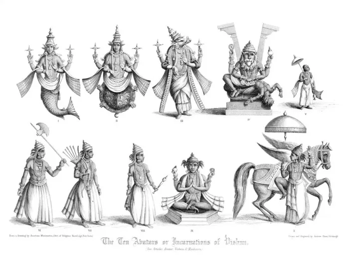 Framed Print : The Ten Abatars or Incarnations of Vishnu. Artist: A Thom Framed Print : The Ten Abatars or Incarnations of Vishnu. Artist: A Thom