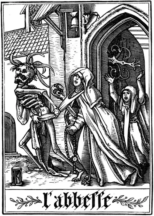 Framed Print : The Abbess visited by Death, 1538. Artist: Hans Holbein the Younger Framed Print : The Abbess visited by Death, 1538. Artist: Hans Holbein the Younger