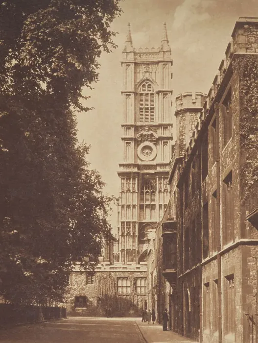 Framed Print : The Abbey Tower from Deans Yard. From the album: Photograph album - London, 1920s. Creator: Harry Moult Framed Print : The Abbey Tower from Deans Yard. From the album: Photograph album - London, 1920s. Creator: Harry Moult