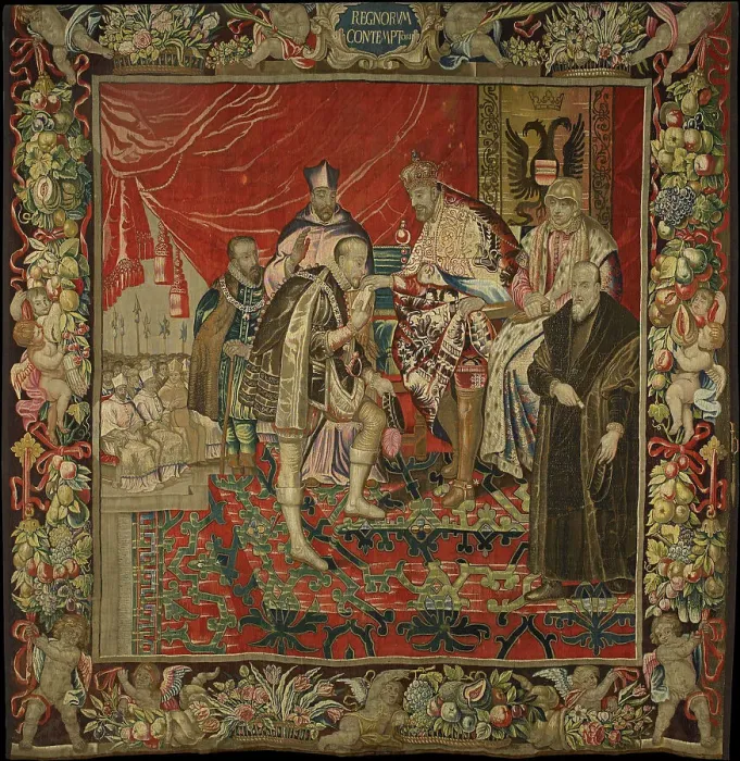 Framed Print : The abdication of Emperor Charles V in favor of his son Philip II... 17th century. Creator: Anonymous master ()