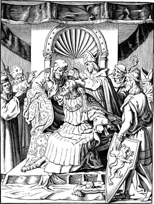 Framed Print : The abdication of Emperor Henry IV in Ingelheim (Illustration from the Geschichte des deutschen Volkes by E. Duller), 1840. Artist: Kirchhoff, Johann Jakob (1796-1848) Framed Print : The abdication of Emperor Henry IV in Ingelheim (Illustration from the Geschichte des deutschen Volkes by E. Duller), 1840. Artist: Kirchhoff, Johann Jakob (1796-1848)
