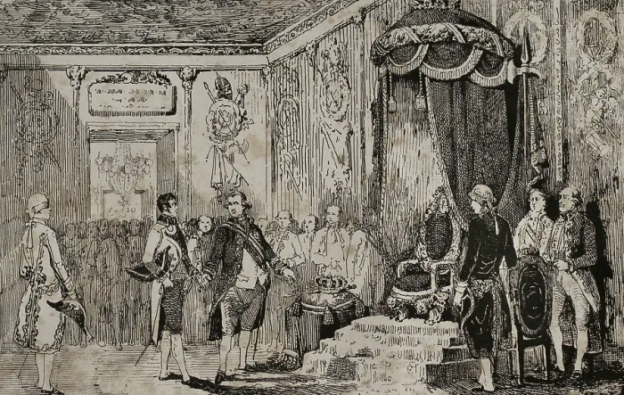 Framed Print : Abdication of King Charles IV in favour of his son Ferdinand VII, March 19, 1808, (1851). Creator: Unknown Framed Print : Abdication of King Charles IV in favour of his son Ferdinand VII, March 19, 1808, (1851). Creator: Unknown