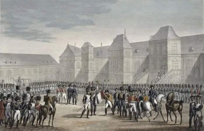 Framed Print : The abdication of Napoleon and his departure from Fontainebleau for Elba, 20th April 1814 Framed Print : The abdication of Napoleon and his departure from Fontainebleau for Elba, 20th April 1814