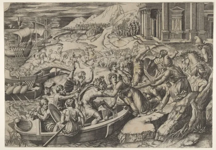 Framed Print : The abduction of Helen; battle scene on a shore with two men pulling Helen into a b Framed Print : The abduction of Helen; battle scene on a shore with two men pulling Helen into a b