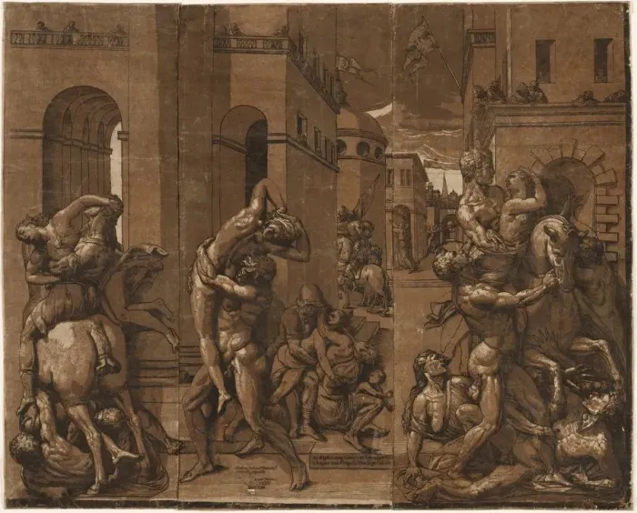 Framed Print : The Abduction of the Sabine Women, 1585. Creator: Andrea Andreani (Italian, about 1558-1610) Framed Print : The Abduction of the Sabine Women, 1585. Creator: Andrea Andreani (Italian, about 1558-1610)