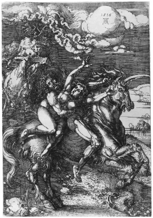 Framed Print : The Abduction on the Unicorn, 1516, (1936). Artist: Albrecht Durer Framed Print : The Abduction on the Unicorn, 1516, (1936). Artist: Albrecht Durer