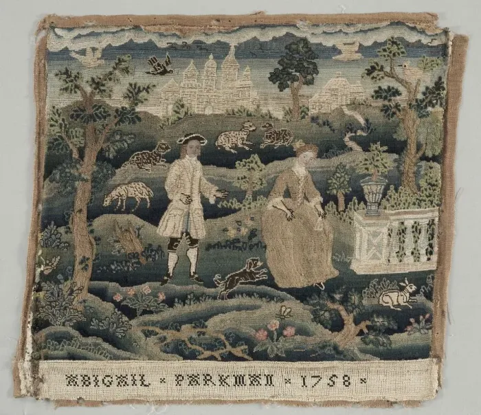 Framed Print : Abigail Parkman Embroidery, early 18th century. Creator: Unknown Framed Print : Abigail Parkman Embroidery, early 18th century. Creator: Unknown