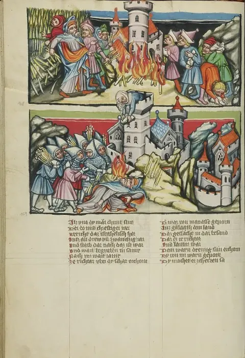 Framed Print : Abimelech Destroying Shechem: Abimelech Killed by the Woman of Thebes; Weltchronik, about 1400-1410. Creator: Unknown Framed Print : Abimelech Destroying Shechem: Abimelech Killed by the Woman of Thebes; Weltchronik, about 1400-1410. Creator: Unknown