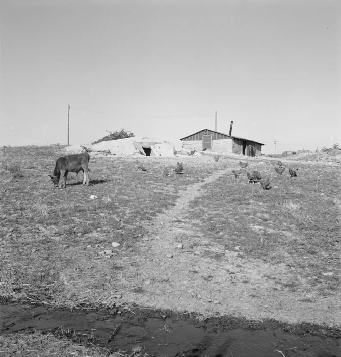 Framed Print : Abode basement dugout house on Roberts farm, Willow Creek area, Oregon, 1939. Creator: Dorothea Lange Framed Print : Abode basement dugout house on Roberts farm, Willow Creek area, Oregon, 1939. Creator: Dorothea Lange