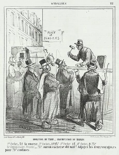 Abolition du tarif - Adjudication au rabais -ler cocher: 3f la course -2em cocher... 1866. Creator: Cham