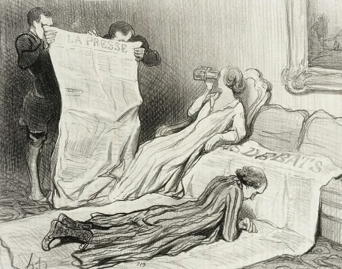 Framed Print : Abonnés recevant leur journal.. 1845. Creator: Honore Daumier Framed Print : Abonnés recevant leur journal.. 1845. Creator: Honore Daumier