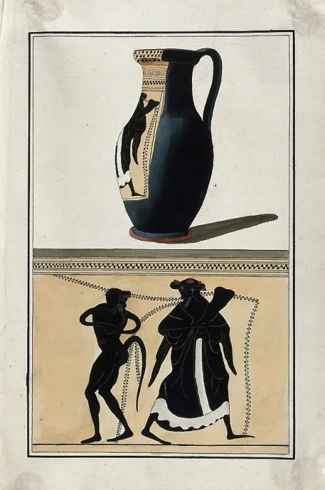 Framed Print : Above, black-figured Greek wine jug (oinochoe); below, detail of decoration showing a man... 1760-9 Creator: Augustin Dahlsteen Framed Print : Above, black-figured Greek wine jug (oinochoe); below, detail of decoration showing a man... 1760-9 Creator: Augustin Dahlsteen