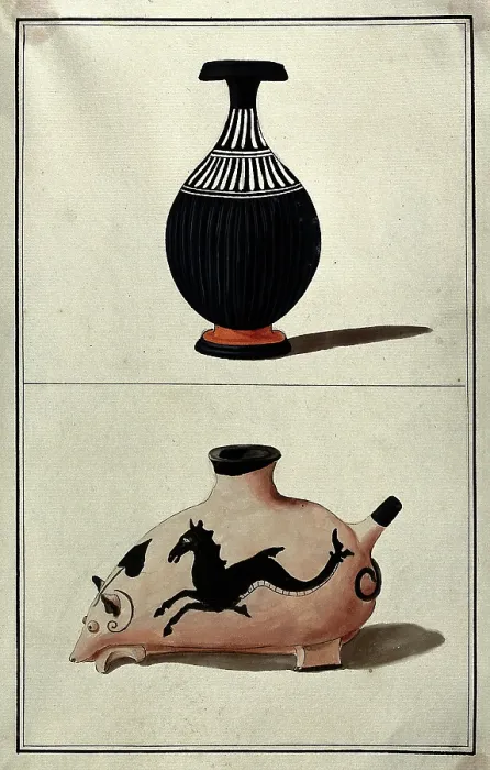 Framed Print : Above, a black Greek vase (perfume bottle?); below, vessel in the form of an animal, 1760-1769. Creator: Augustin Dahlsteen Framed Print : Above, a black Greek vase (perfume bottle?); below, vessel in the form of an animal, 1760-1769. Creator: Augustin Dahlsteen