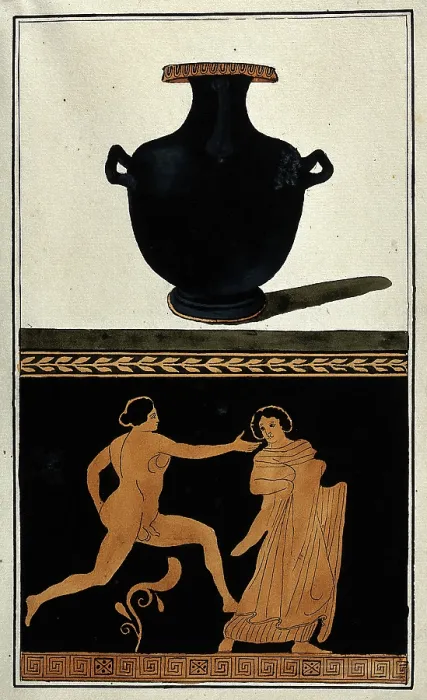 Framed Print : Above, a black Greek water-jug (hydria); below, detail of decoration showing a naked... 1760-69. Creator: Augustin Dahlsteen