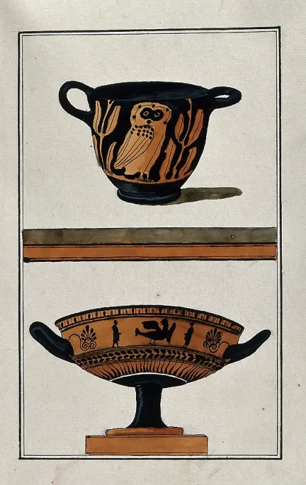 Framed Print : Above, black ground two-handled red-coloured Greek cup (kylix) decorated with an owl... 1760-9. Creator: Augustin Dahlsteen Framed Print : Above, black ground two-handled red-coloured Greek cup (kylix) decorated with an owl... 1760-9. Creator: Augustin Dahlsteen