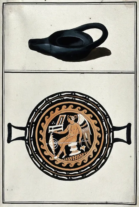 Framed Print : Above, black lamp; below, drinking vessel with two handles, decorated with a winged... 1760-9. Creator: Augustin Dahlsteen Framed Print : Above, black lamp; below, drinking vessel with two handles, decorated with a winged... 1760-9. Creator: Augustin Dahlsteen