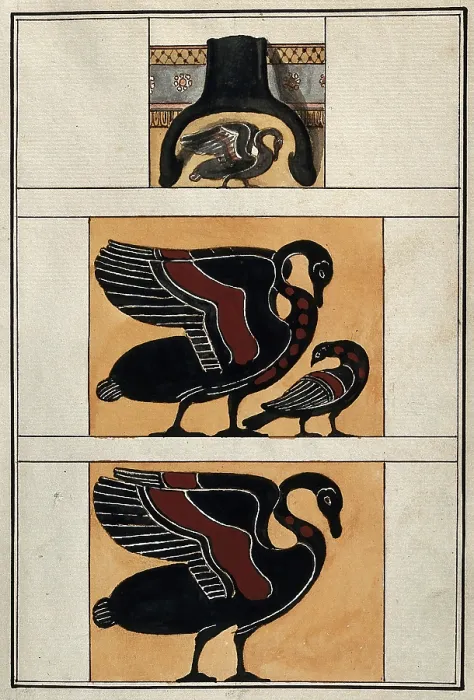 Framed Print : Above, detail of the handle of a black-figured Greek vase; middle, stylised swan... 1760-9. Creator: Augustin Dahlsteen Framed Print : Above, detail of the handle of a black-figured Greek vase; middle, stylised swan... 1760-9. Creator: Augustin Dahlsteen