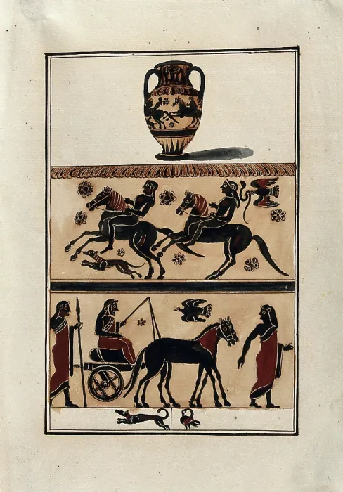 Framed Print : Above, neck-handled black-figured Greek amphora (Corinthian, c550 BC ); centre, detail... 1760-9. Creator: Augustin Dahlsteen Framed Print : Above, neck-handled black-figured Greek amphora (Corinthian, c550 BC ); centre, detail... 1760-9. Creator: Augustin Dahlsteen