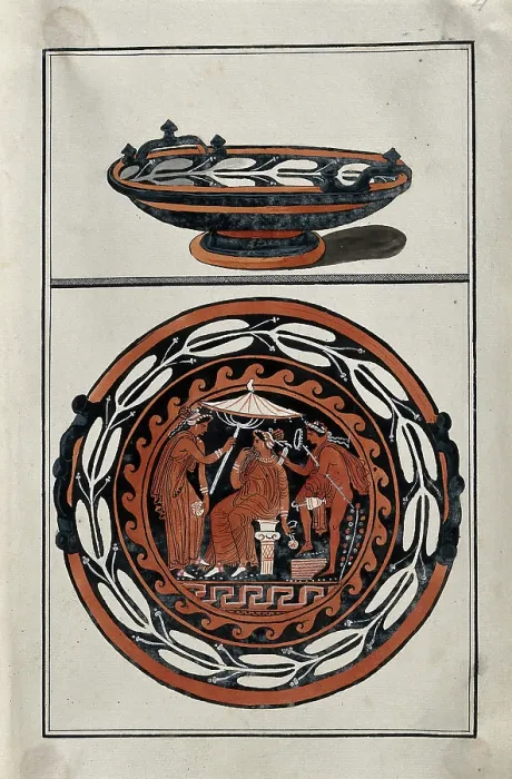 Framed Print : Above, red-figured Greek cup (kylix?); below, detail of decoration showing an outdoor... 1760-9. Creator: Augustin Dahlsteen Framed Print : Above, red-figured Greek cup (kylix?); below, detail of decoration showing an outdoor... 1760-9. Creator: Augustin Dahlsteen