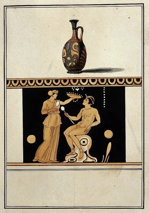 Framed Print : Above, red-figured Greek perfume vessel (lekythos) decorated with figures and a palm... 1760-9. Creator: Augustin Dahlsteen Framed Print : Above, red-figured Greek perfume vessel (lekythos) decorated with figures and a palm... 1760-9. Creator: Augustin Dahlsteen