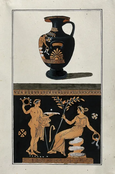 Framed Print : Above, red-figured Greek water jar (hydria); below, detail of decoration showing a seated... 1760-9 Creator: Augustin Dahlsteen Framed Print : Above, red-figured Greek water jar (hydria); below, detail of decoration showing a seated... 1760-9 Creator: Augustin Dahlsteen
