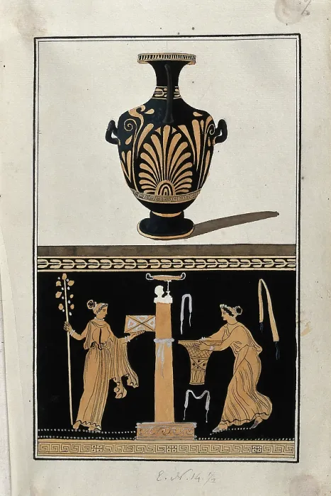 Framed Print : Above, red-figured Greek water jar (hydria) decorated with a palm motif; below... 1760-9. Creator: Augustin Dahlsteen Framed Print : Above, red-figured Greek water jar (hydria) decorated with a palm motif; below... 1760-9. Creator: Augustin Dahlsteen