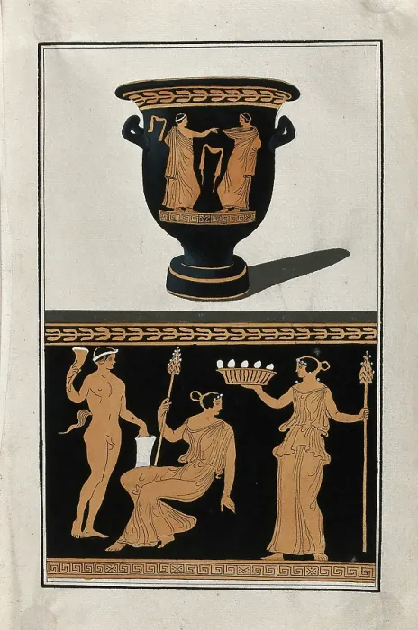 Framed Print : Above, red-figured Greek wine bowl (bell-krater); below, detail of decoration showing a... 1760-9. Creator: Augustin Dahlsteen Framed Print : Above, red-figured Greek wine bowl (bell-krater); below, detail of decoration showing a... 1760-9. Creator: Augustin Dahlsteen