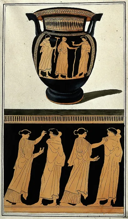 Framed Print : Above, red-figured Greek wine bowl (column krater); below, detail of decoration... 1760-9. Creator: Augustin Dahlsteen Framed Print : Above, red-figured Greek wine bowl (column krater); below, detail of decoration... 1760-9. Creator: Augustin Dahlsteen