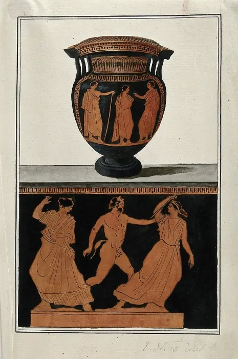 Framed Print : Above, red-figured Greek wine bowl (column krater); below, detail of the decoration.... 1760-9. Creator: Augustin Dahlsteen Framed Print : Above, red-figured Greek wine bowl (column krater); below, detail of the decoration.... 1760-9. Creator: Augustin Dahlsteen