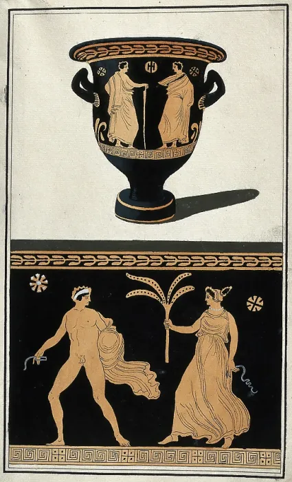 Framed Print : Above, a red-figured Greek wine bowl (krater); below, detail of the decoration showing... 1760-69. Creator: Augustin Dahlsteen