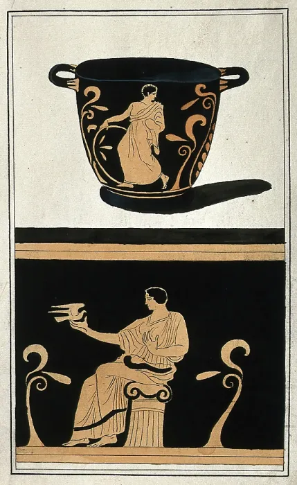 Framed Print : Above, a red-figured Greek wine bowl (krater); below, detail of the decoration showing a....1760-9 Creator: Augustin Dahlsteen Framed Print : Above, a red-figured Greek wine bowl (krater); below, detail of the decoration showing a....1760-9 Creator: Augustin Dahlsteen