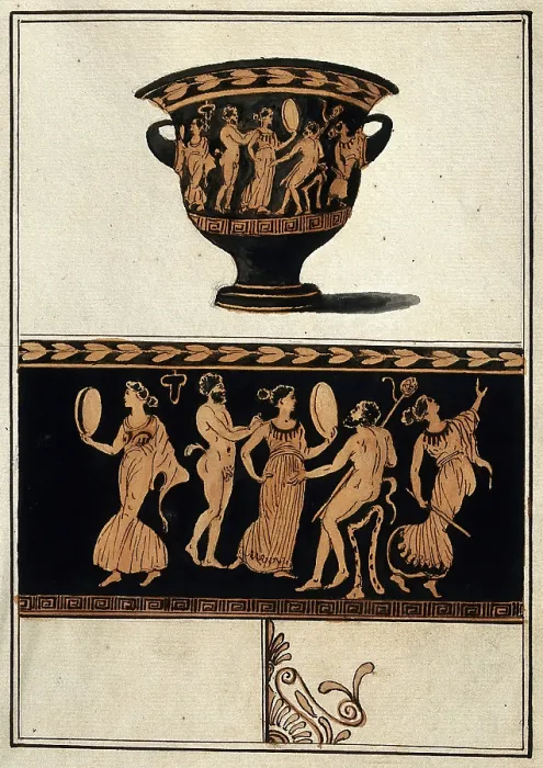 Framed Print : Above, a red-figured Greek wine bowl (krater); below, detail of the decoration showing....1760-9. Creator: Augustin Dahlsteen Framed Print : Above, a red-figured Greek wine bowl (krater); below, detail of the decoration showing....1760-9. Creator: Augustin Dahlsteen